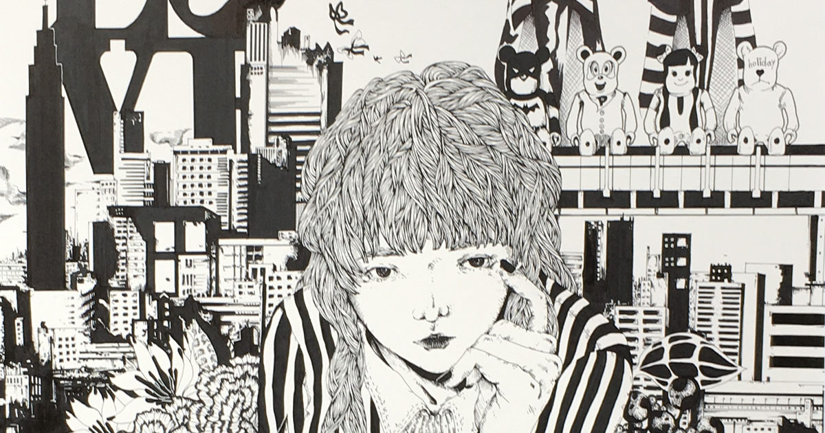 川口絵里衣/LOVE/ペン画のモノクロ細密画/絵画販売