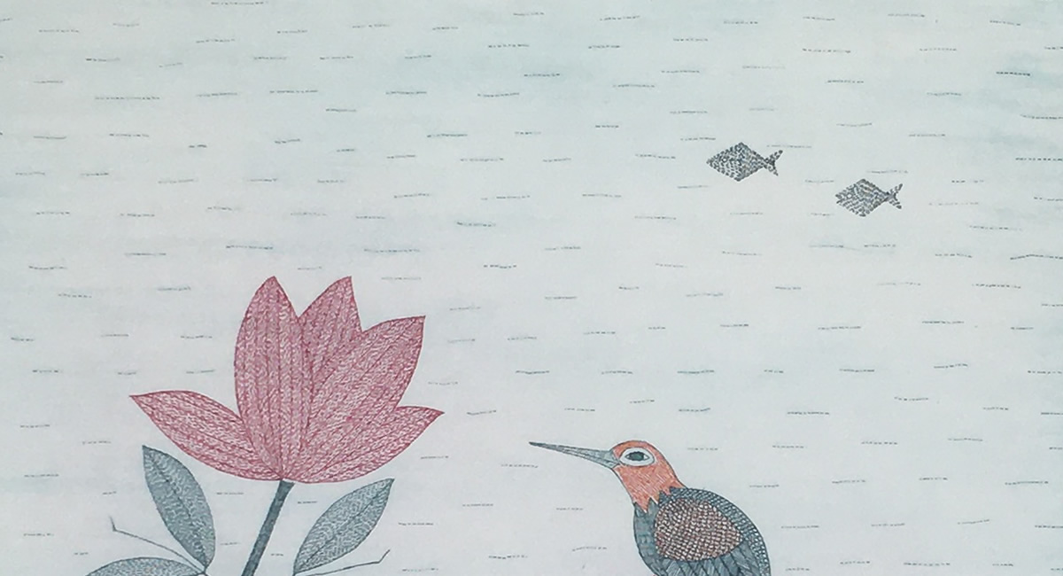 南桂子 花の上の鳥と魚 真作 - 版画